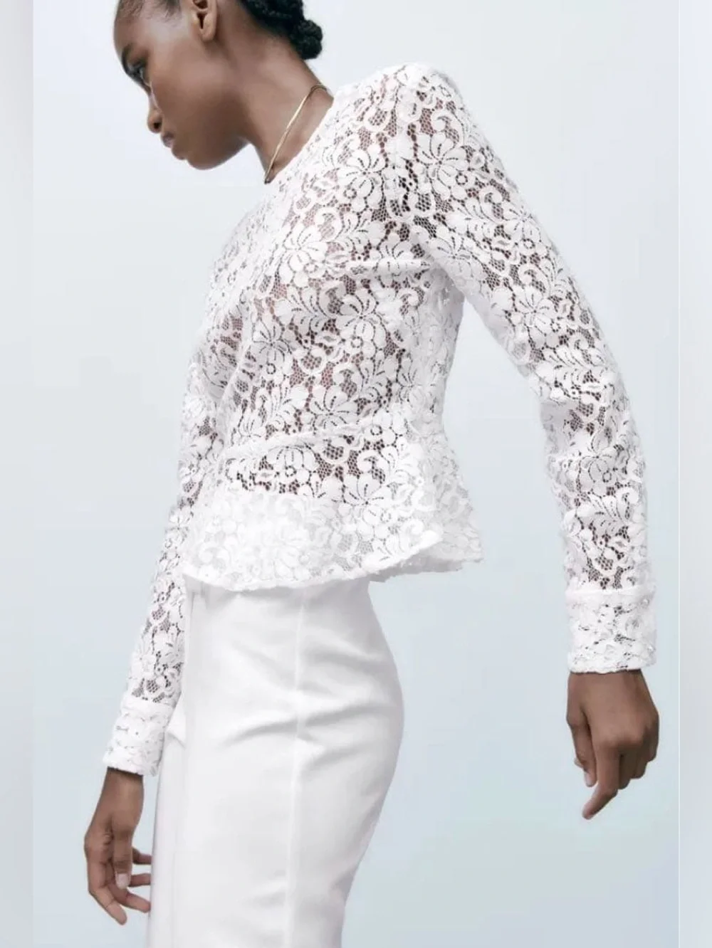 White Lace Long-Sleeve Peplum Top